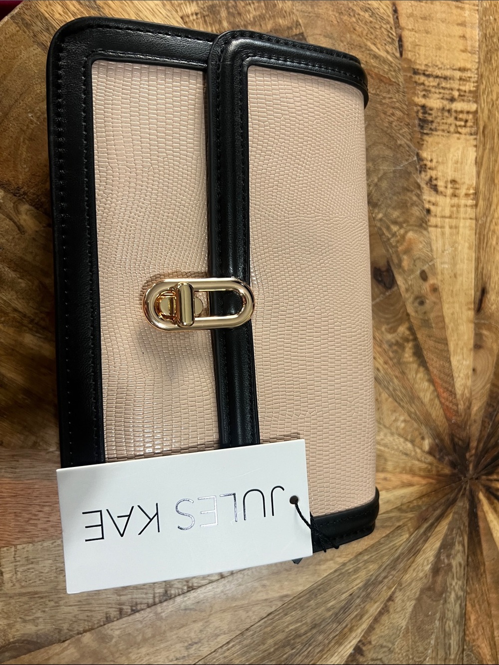 Jules Kae Vegan Tan Crossbody Bag with Black Trim and Gold-Tone Hardware
